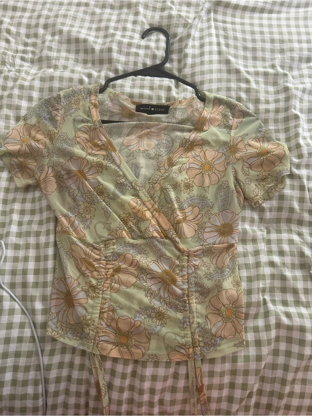 Scene Weaver Sage Green and Peach Floral Wrap Crop Top